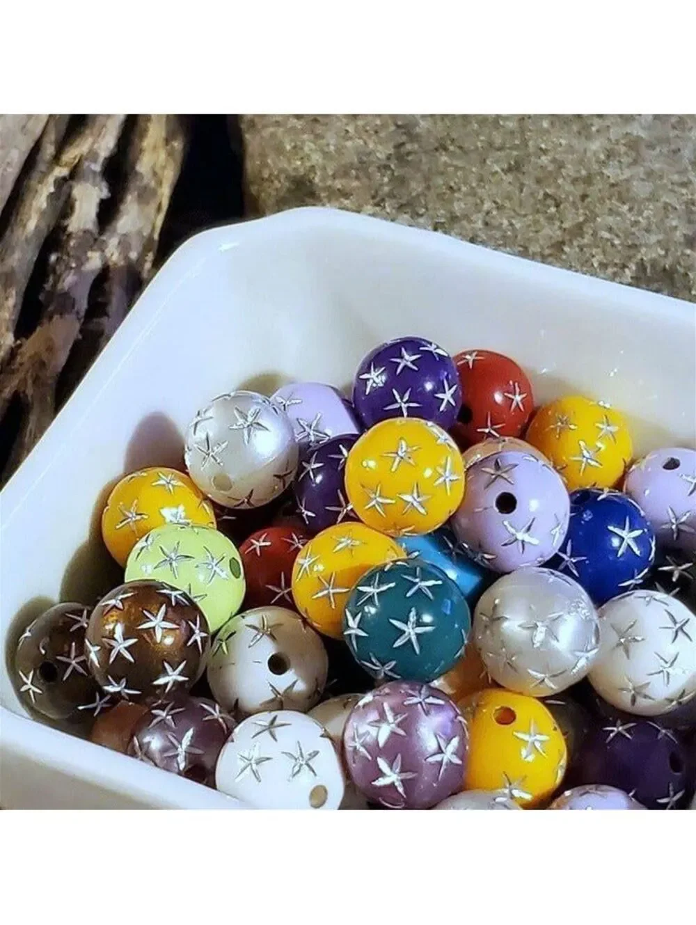 Vintage Retro Mixed Colors Silver Stars 12mm Round Acrylic Shabby Beads 10 pcs